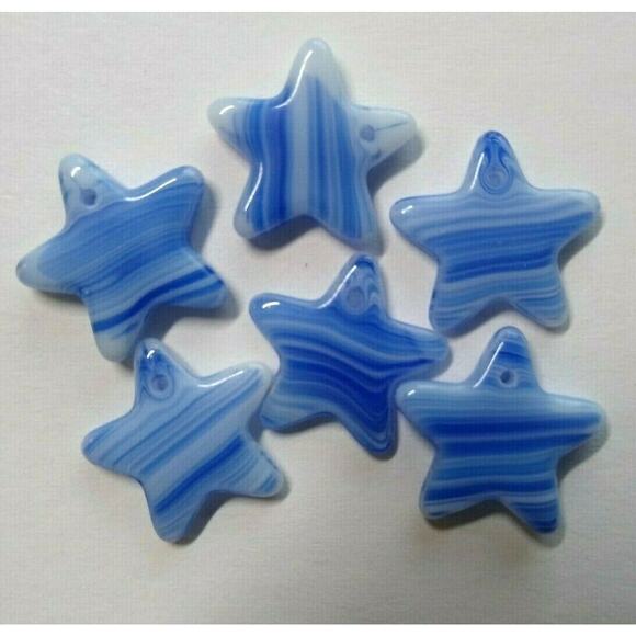 6 Star Shaped 15mm Translucent Blue Striped Quartz Pendants 1960s West Germany - Picture 2 of 4